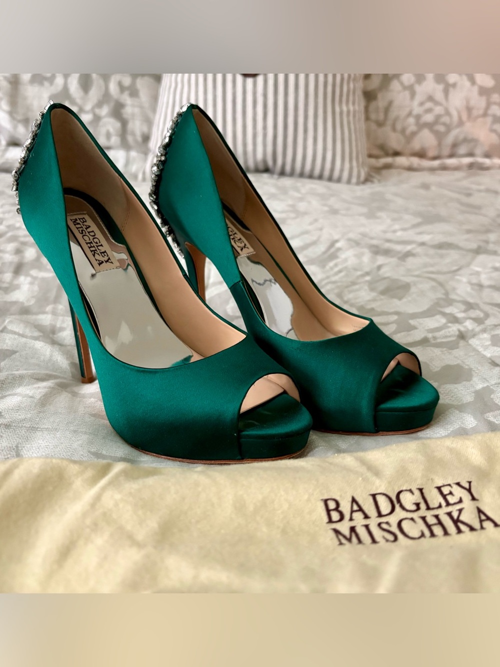 Badgley Mischka Teal Satin Peep-Toe Heels with Crystal Back Detail